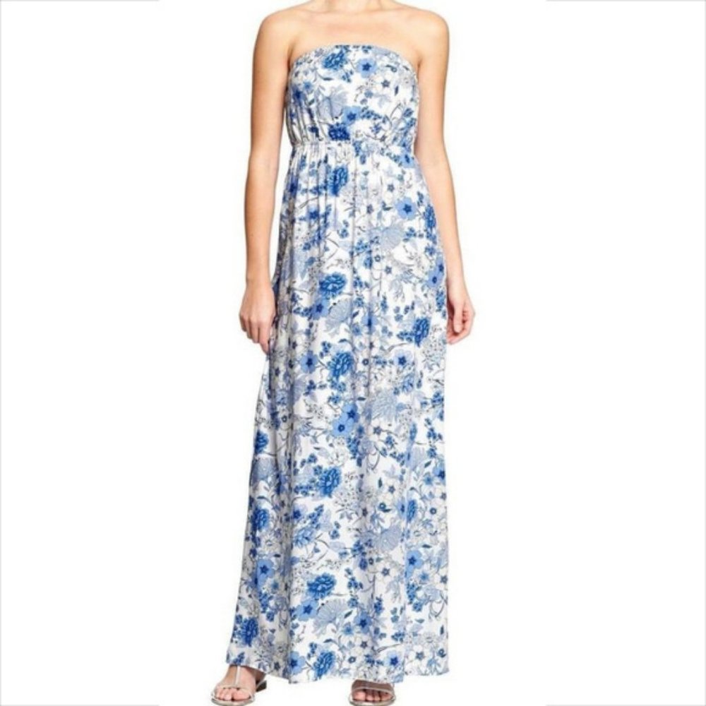 Blue White Floral Strapless Maxi Dress NWOT
